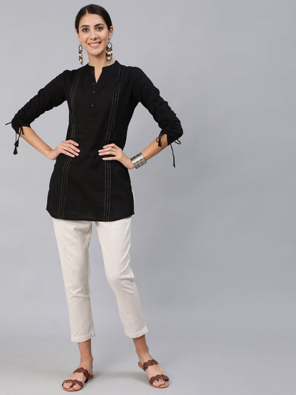 Women Black Pleated Tunic With Three Quarter Sleeves | LASVINI - Redefining Indian Fashion with Elegance