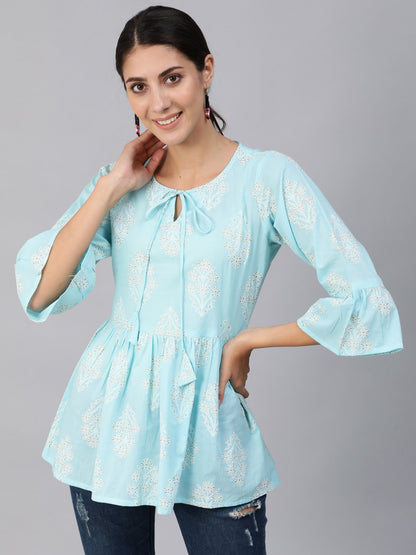 Women Blue & Gold Printed Top With Three Quarter Flared Sleeves | LASVINI - Redefining Indian Fashion with Elegance