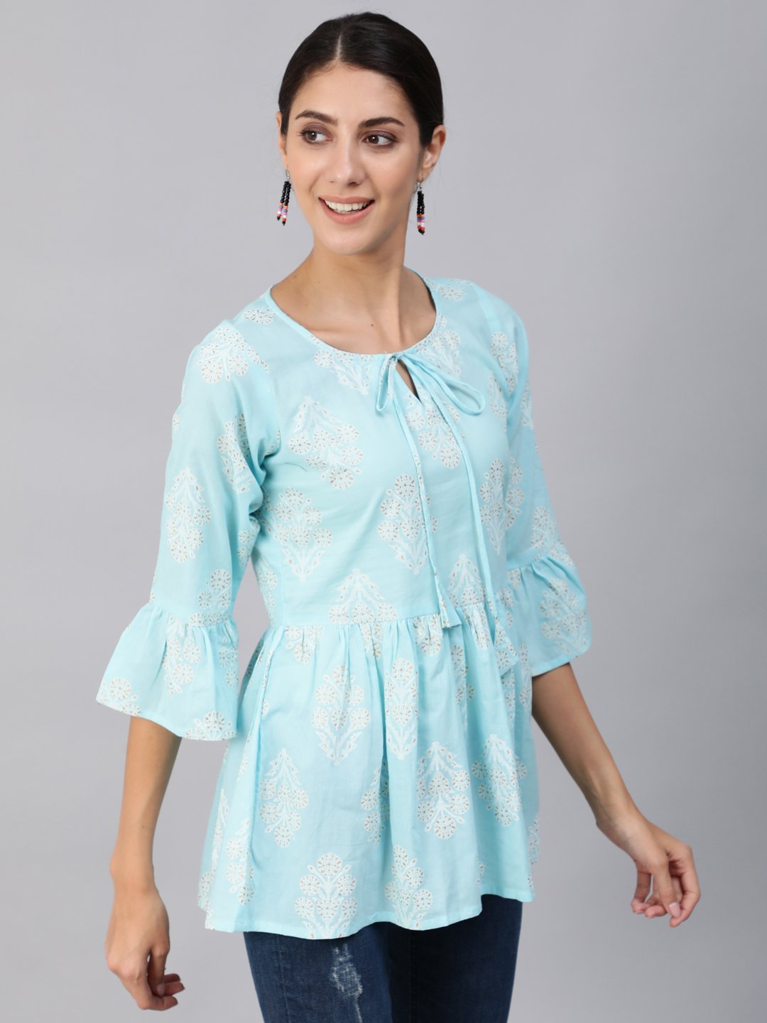 Women Blue & Gold Printed Top With Three Quarter Flared Sleeves | LASVINI - Redefining Indian Fashion with Elegance