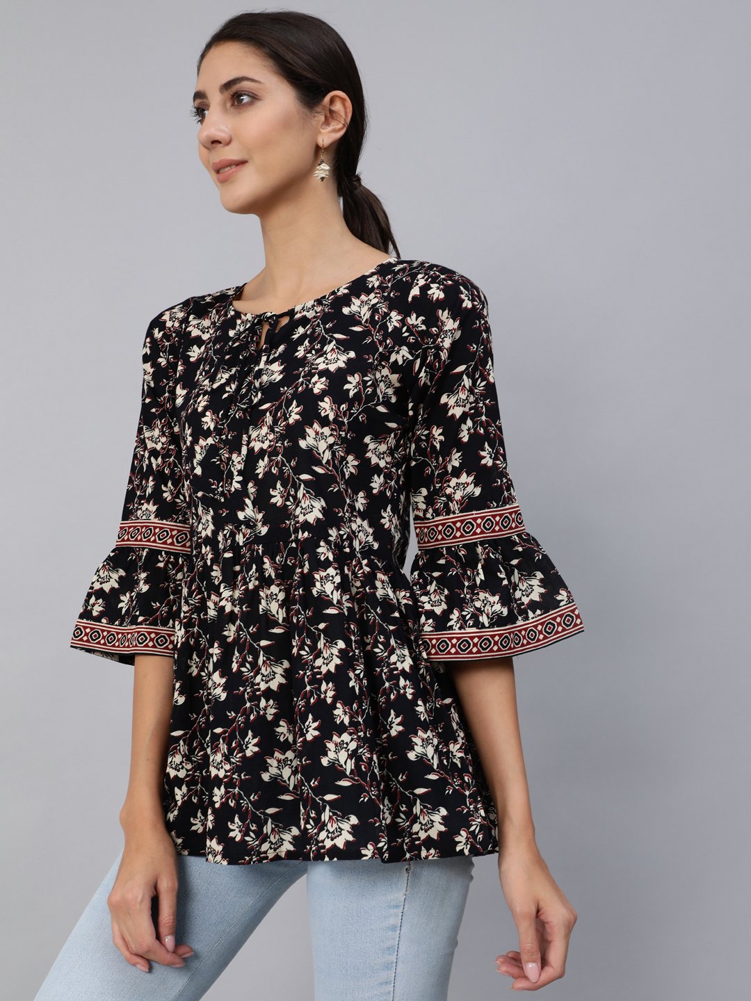 Women Black Floral Printed Top With Three Quarter Flared Sleeves | LASVINI - Redefining Indian Fashion with Elegance