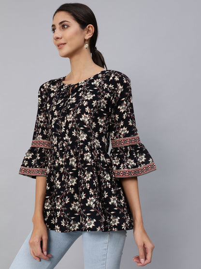 Women Black Floral Printed Top With Three Quarter Flared Sleeves | LASVINI - Redefining Indian Fashion with Elegance