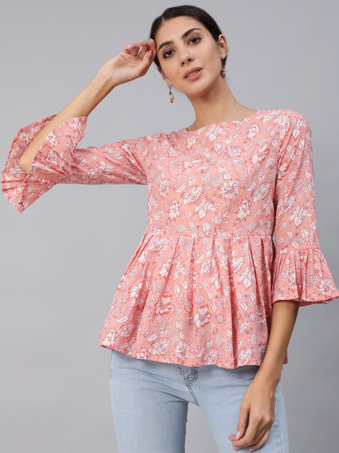 Women Pink Floral Printed Top With Three Quarter Flared Sleeves | LASVINI - Redefining Indian Fashion with Elegance