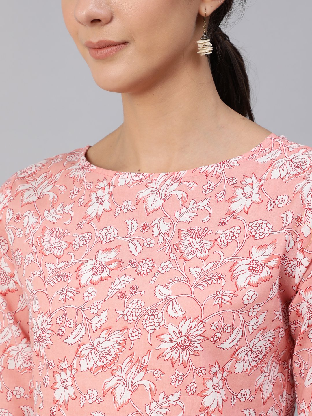 Women Pink Floral Printed Top With Three Quarter Flared Sleeves | LASVINI - Redefining Indian Fashion with Elegance