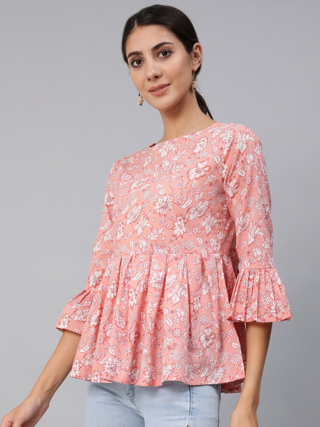 Women Pink Floral Printed Top With Three Quarter Flared Sleeves | LASVINI - Redefining Indian Fashion with Elegance