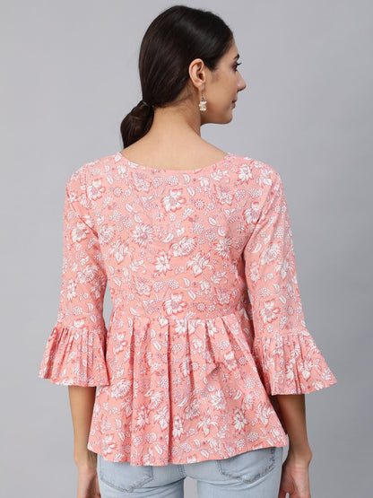 Women Pink Floral Printed Top With Three Quarter Flared Sleeves | LASVINI - Redefining Indian Fashion with Elegance