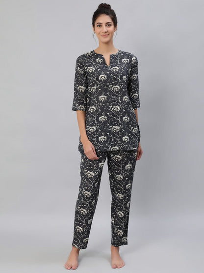 Women Grey Floral Printed Night Suit Set | LASVINI - Redefining Indian Fashion with Elegance