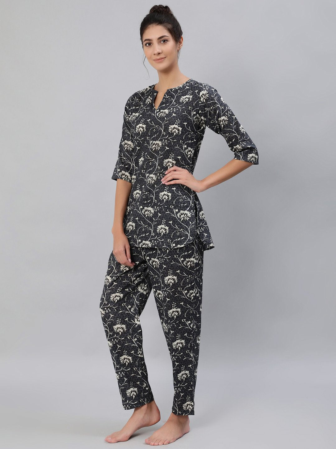 Women Grey Floral Printed Night Suit Set | LASVINI - Redefining Indian Fashion with Elegance