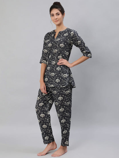 Women Grey Floral Printed Night Suit Set | LASVINI - Redefining Indian Fashion with Elegance