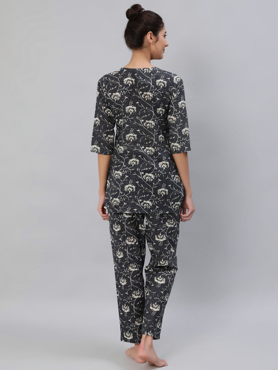 Women Grey Floral Printed Night Suit Set | LASVINI - Redefining Indian Fashion with Elegance