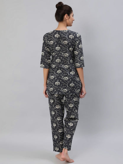 Women Grey Floral Printed Night Suit Set | LASVINI - Redefining Indian Fashion with Elegance