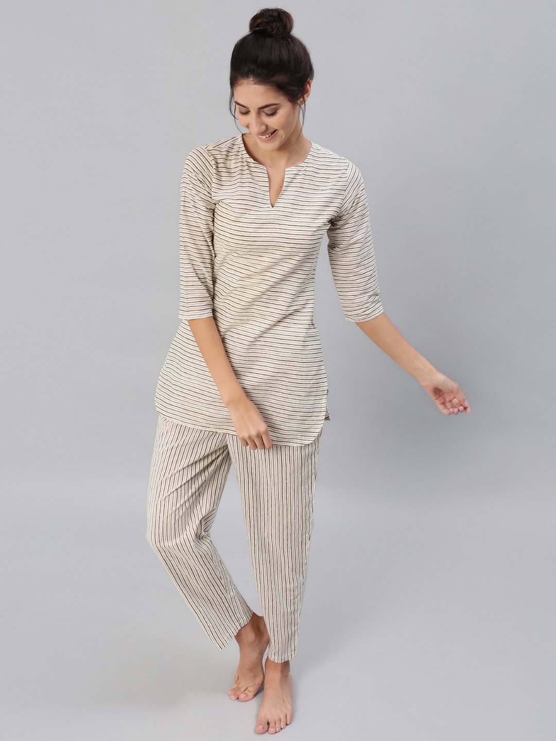 Women Brown & Off-White Striped Printed Night Suit Set | LASVINI - Redefining Indian Fashion with Elegance