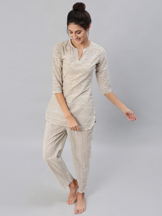 Women Brown & Off-White Striped Printed Night Suit Set | LASVINI - Redefining Indian Fashion with Elegance