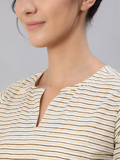 Women Brown & Off-White Striped Printed Night Suit Set | LASVINI - Redefining Indian Fashion with Elegance