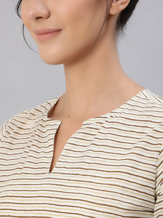 Women Brown & Off-White Striped Printed Night Suit Set | LASVINI - Redefining Indian Fashion with Elegance