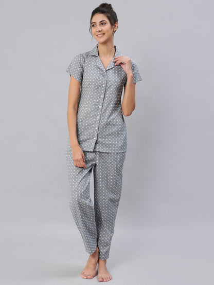 Women Grey Printed Night Suit Set | LASVINI - Redefining Indian Fashion with Elegance