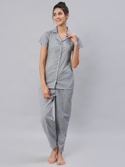 Women Grey Printed Night Suit Set | LASVINI - Redefining Indian Fashion with Elegance