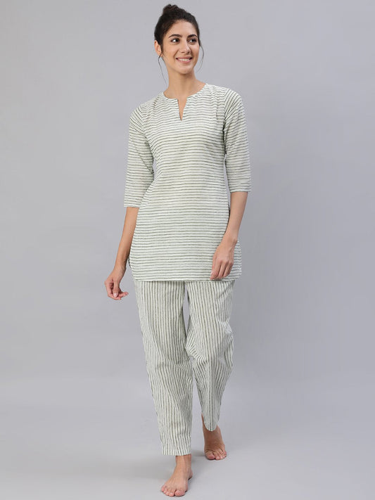 Women Green & Off-White Striped Night Suit Set | LASVINI - Redefining Indian Fashion with Elegance
