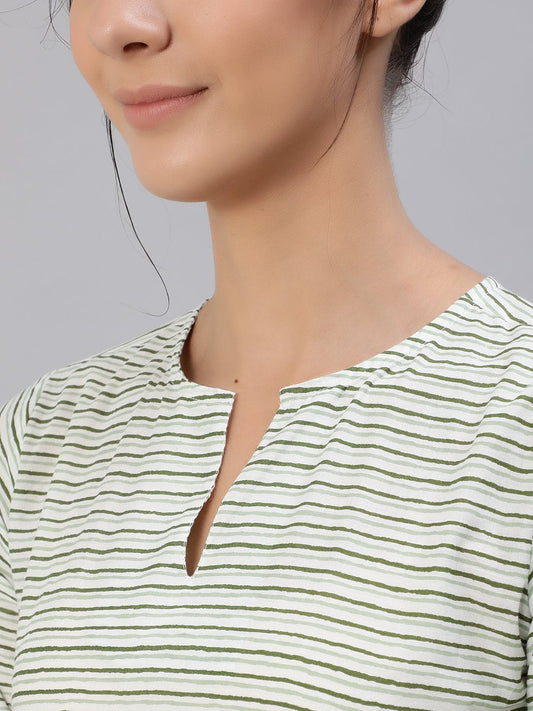 Women Green & Off-White Striped Night Suit Set | LASVINI - Redefining Indian Fashion with Elegance