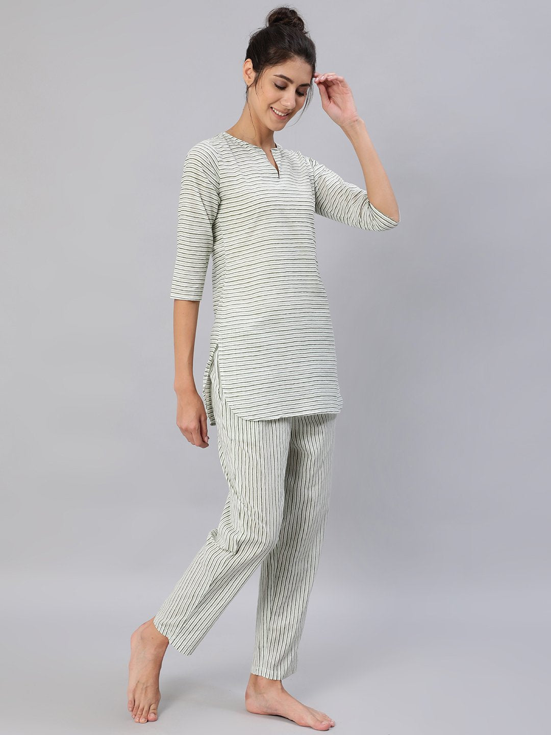 Women Green & Off-White Striped Night Suit Set | LASVINI - Redefining Indian Fashion with Elegance