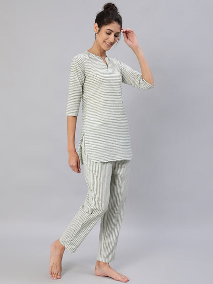 Women Green & Off-White Striped Night Suit Set | LASVINI - Redefining Indian Fashion with Elegance