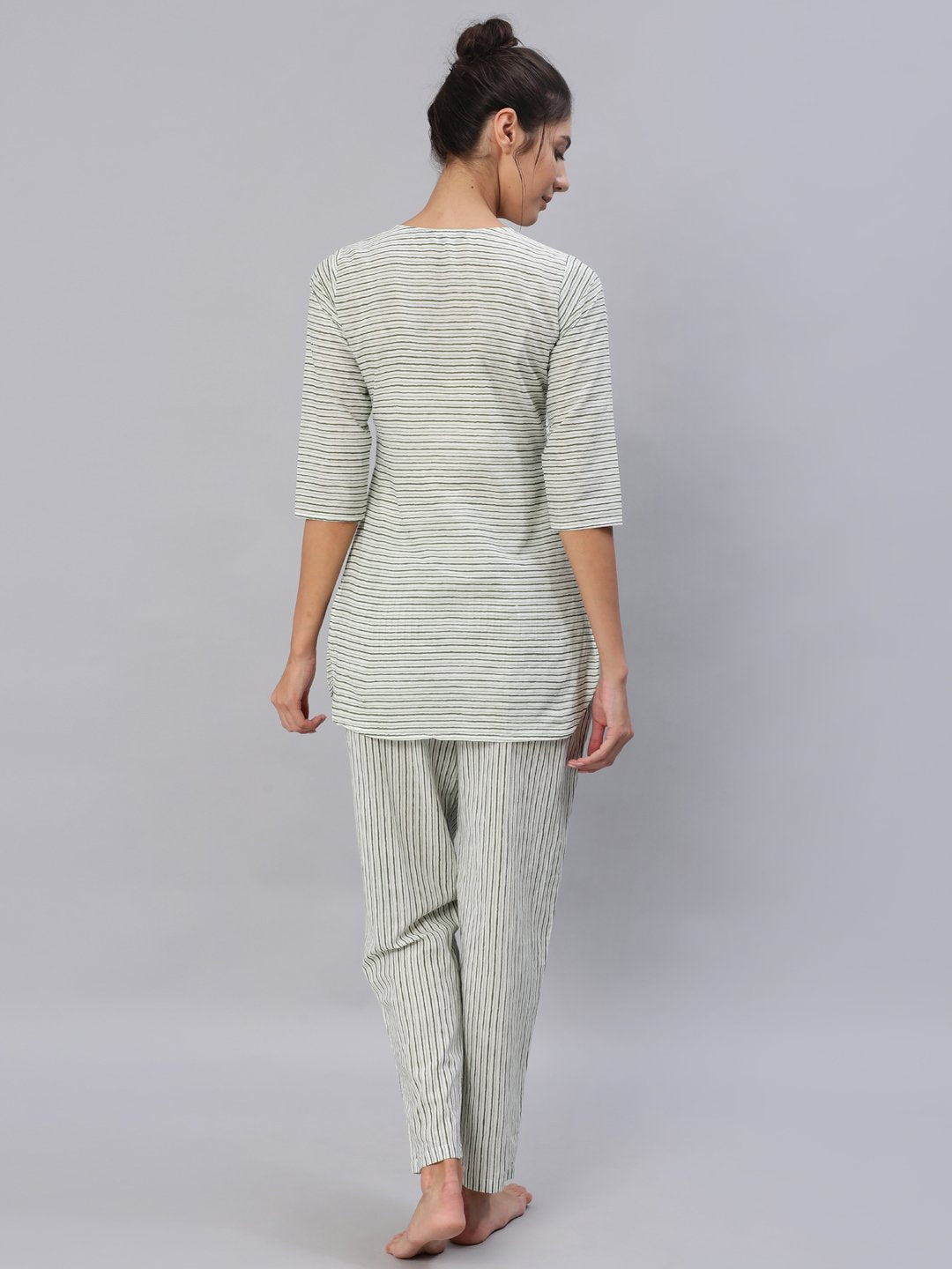Women Green & Off-White Striped Night Suit Set | LASVINI - Redefining Indian Fashion with Elegance