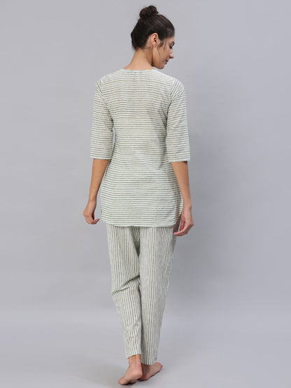 Women Green & Off-White Striped Night Suit Set | LASVINI - Redefining Indian Fashion with Elegance