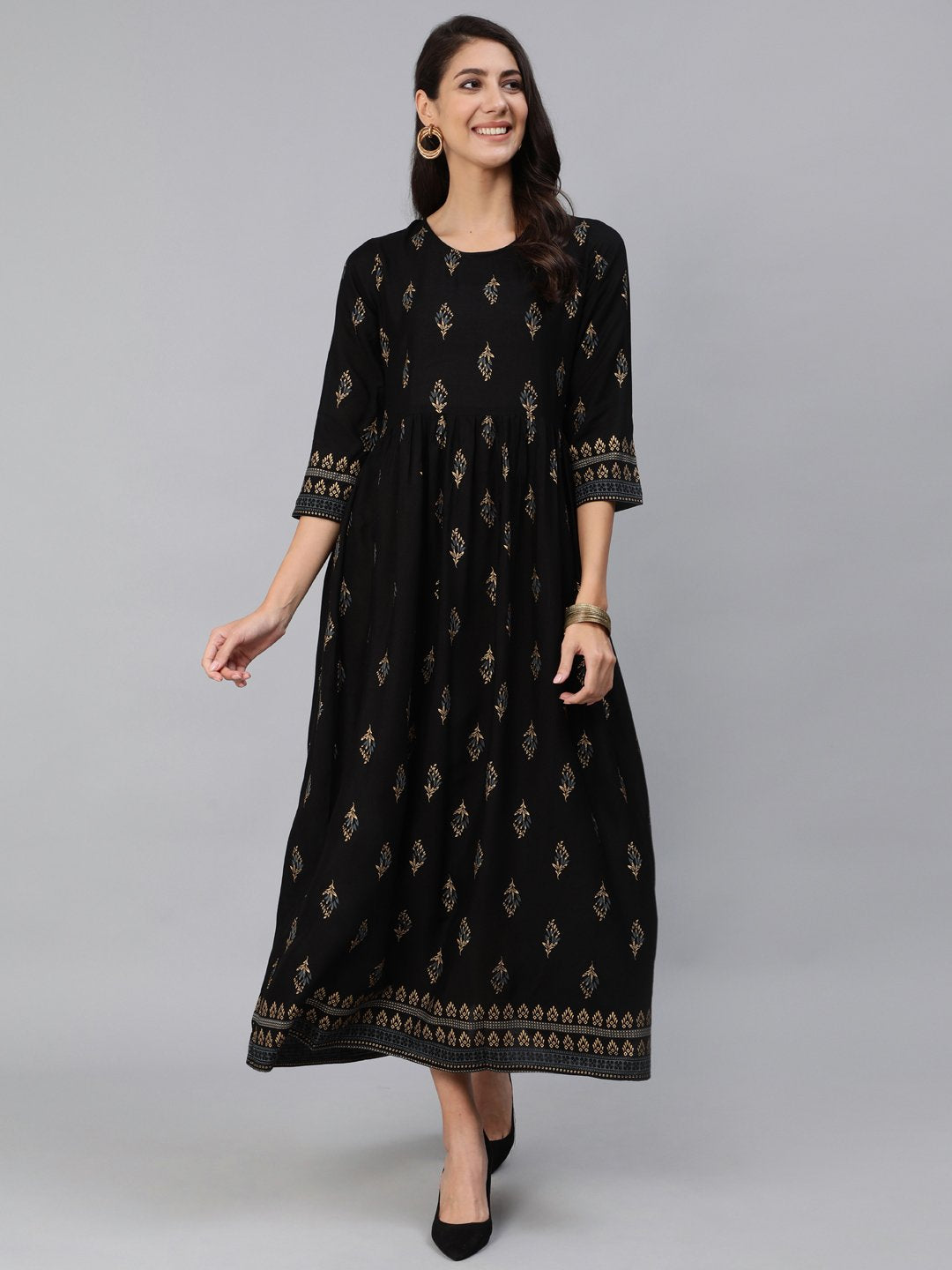 Women Black & Gold Printed Maxi Dress With Three Quarter Sleeves | LASVINI - Redefining Indian Fashion with Elegance