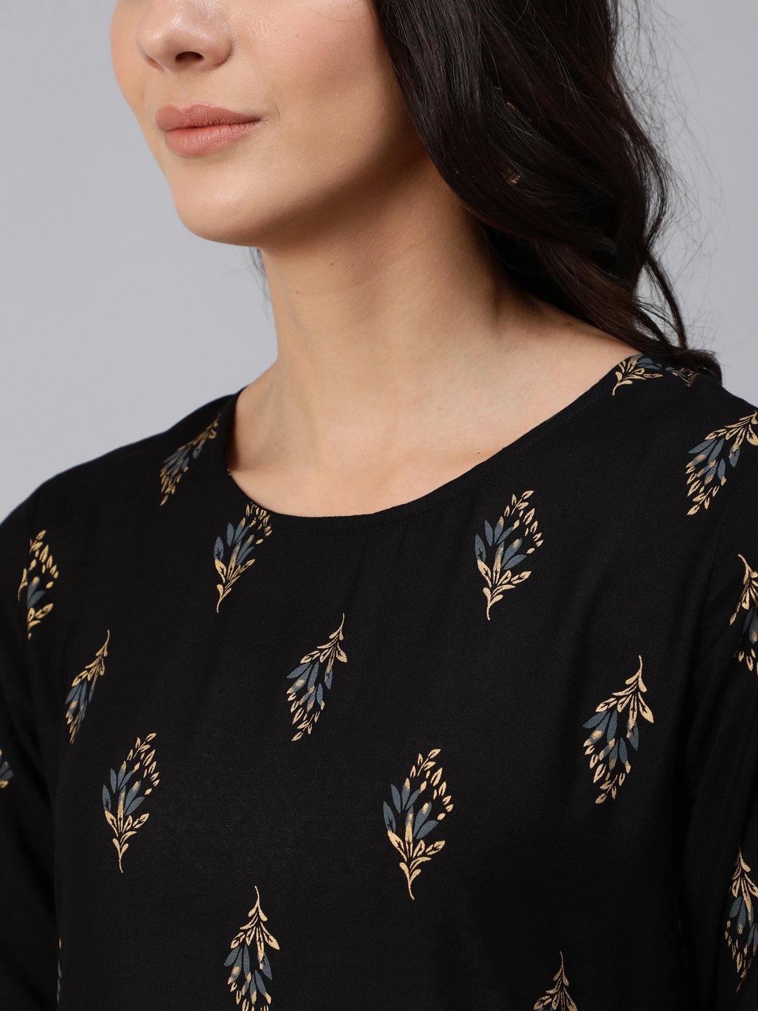 Women Black & Gold Printed Maxi Dress With Three Quarter Sleeves | LASVINI - Redefining Indian Fashion with Elegance