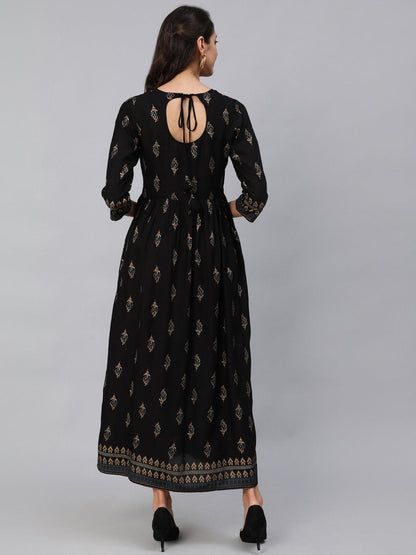 Women Black & Gold Printed Maxi Dress With Three Quarter Sleeves | LASVINI - Redefining Indian Fashion with Elegance