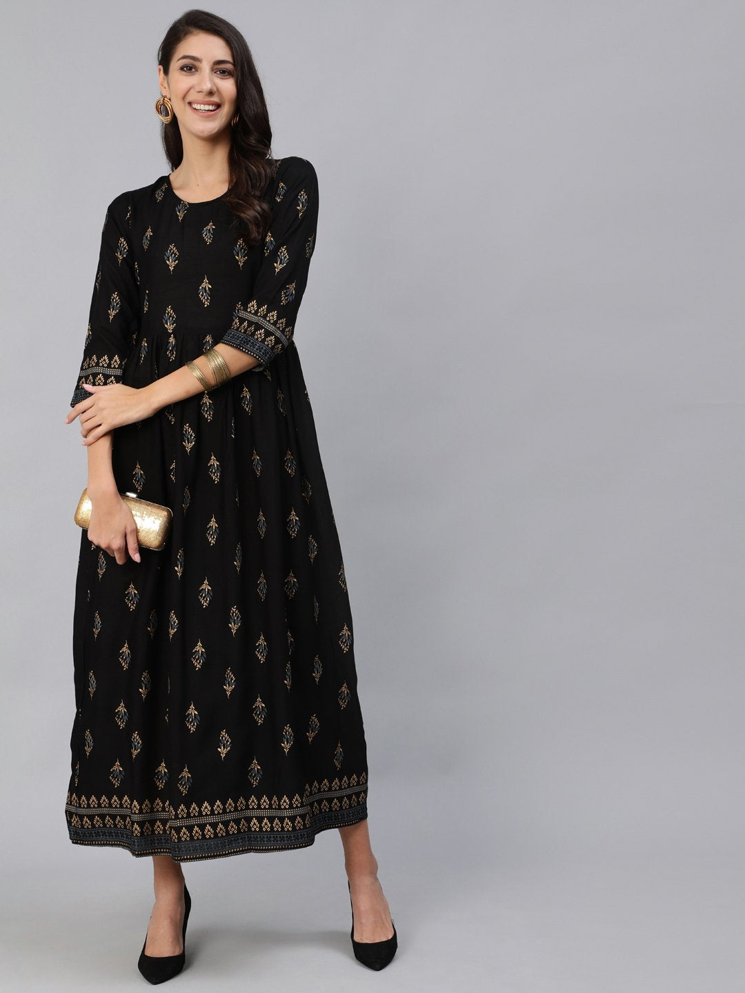 Women Black & Gold Printed Maxi Dress With Three Quarter Sleeves | LASVINI - Redefining Indian Fashion with Elegance