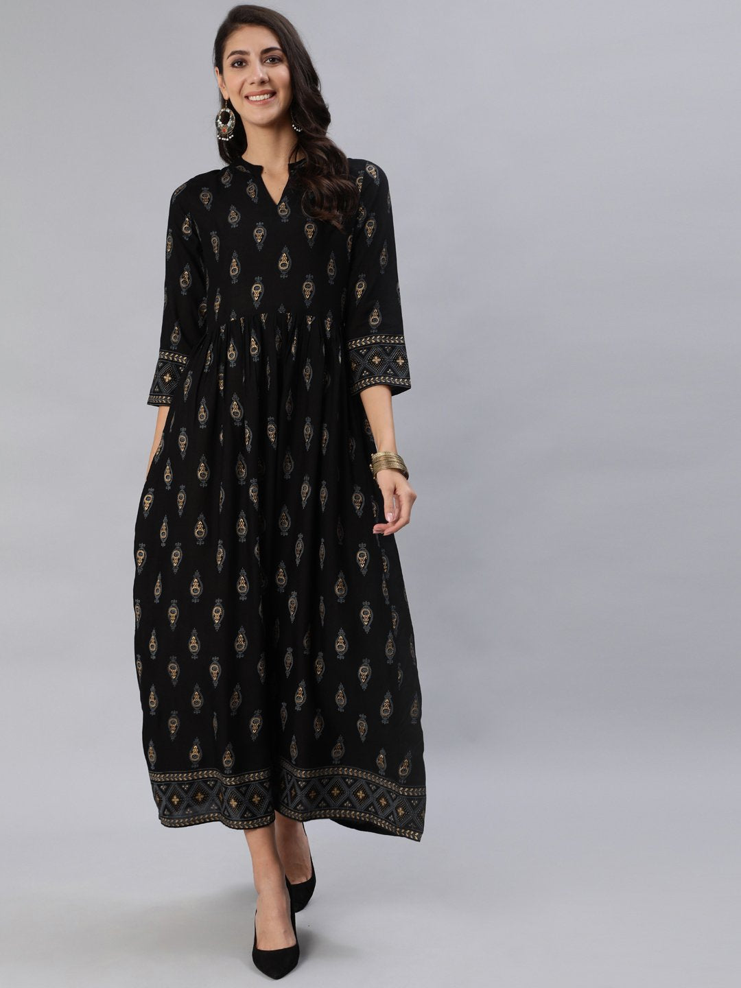 Women Black & Gold Printed Maxi Dress With Three Quarter Sleeves | LASVINI - Redefining Indian Fashion with Elegance