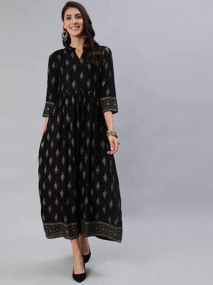 Women Black & Gold Printed Maxi Dress With Three Quarter Sleeves | LASVINI - Redefining Indian Fashion with Elegance