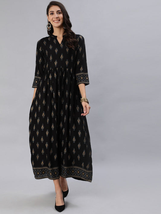 Women Black & Gold Printed Maxi Dress With Three Quarter Sleeves | LASVINI - Redefining Indian Fashion with Elegance