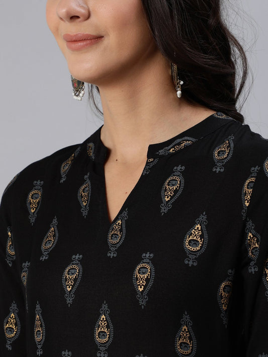 Women Black & Gold Printed Maxi Dress With Three Quarter Sleeves | LASVINI - Redefining Indian Fashion with Elegance