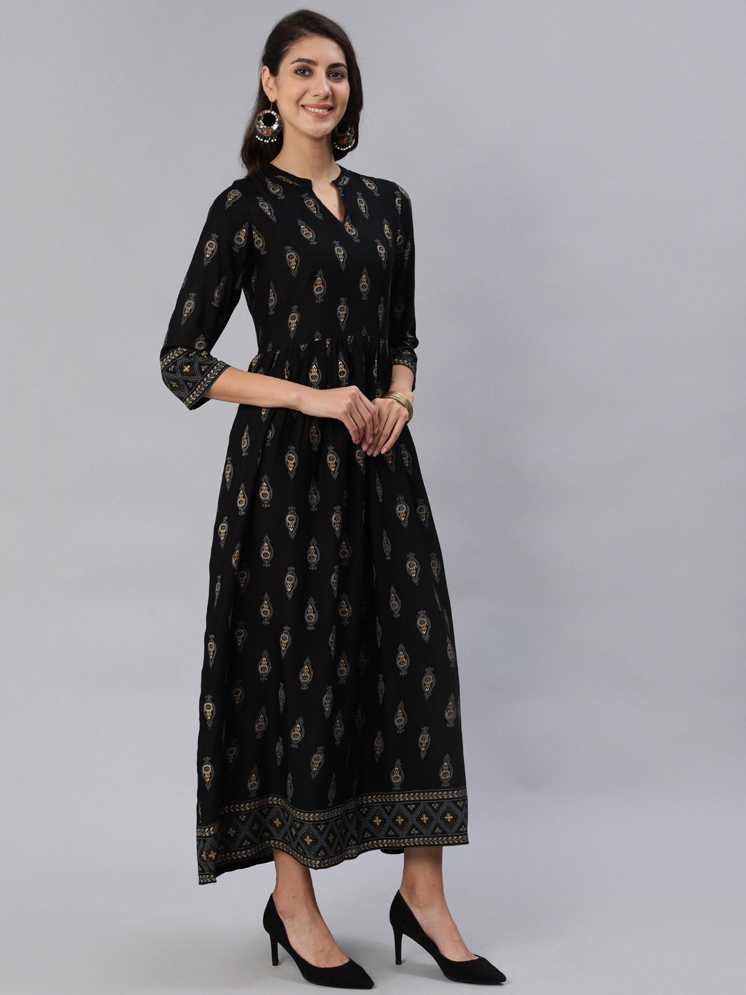 Women Black & Gold Printed Maxi Dress With Three Quarter Sleeves | LASVINI - Redefining Indian Fashion with Elegance