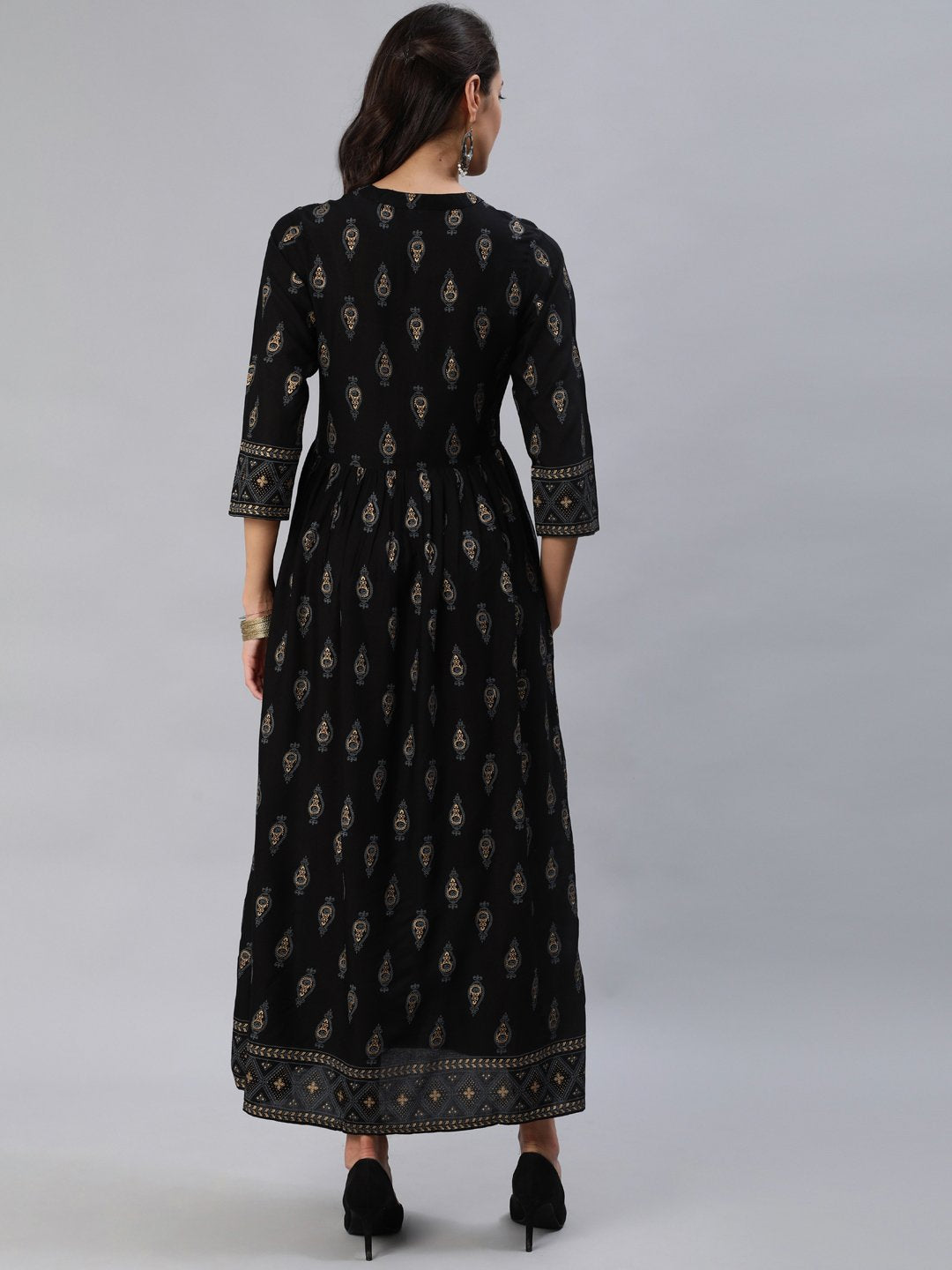 Women Black & Gold Printed Maxi Dress With Three Quarter Sleeves | LASVINI - Redefining Indian Fashion with Elegance