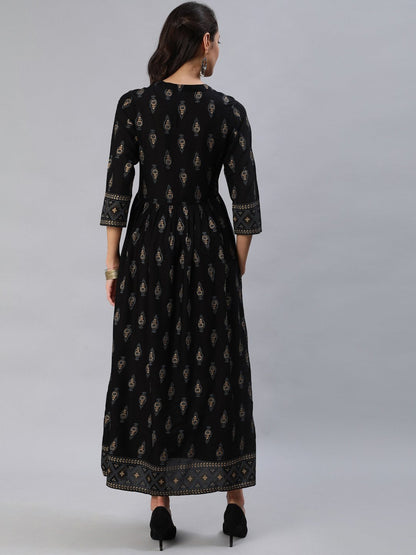 Women Black & Gold Printed Maxi Dress With Three Quarter Sleeves | LASVINI - Redefining Indian Fashion with Elegance