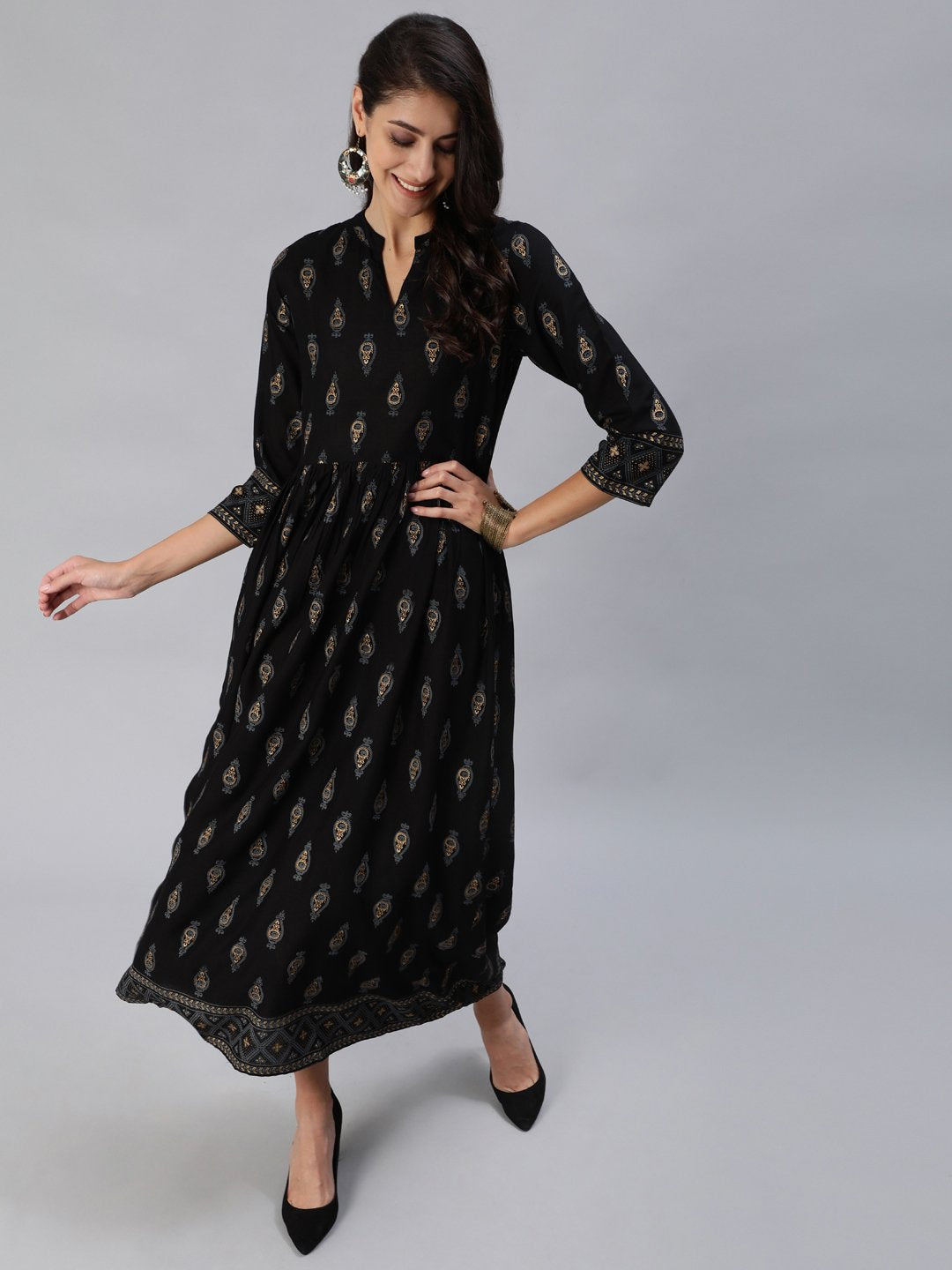 Women Black & Gold Printed Maxi Dress With Three Quarter Sleeves | LASVINI - Redefining Indian Fashion with Elegance