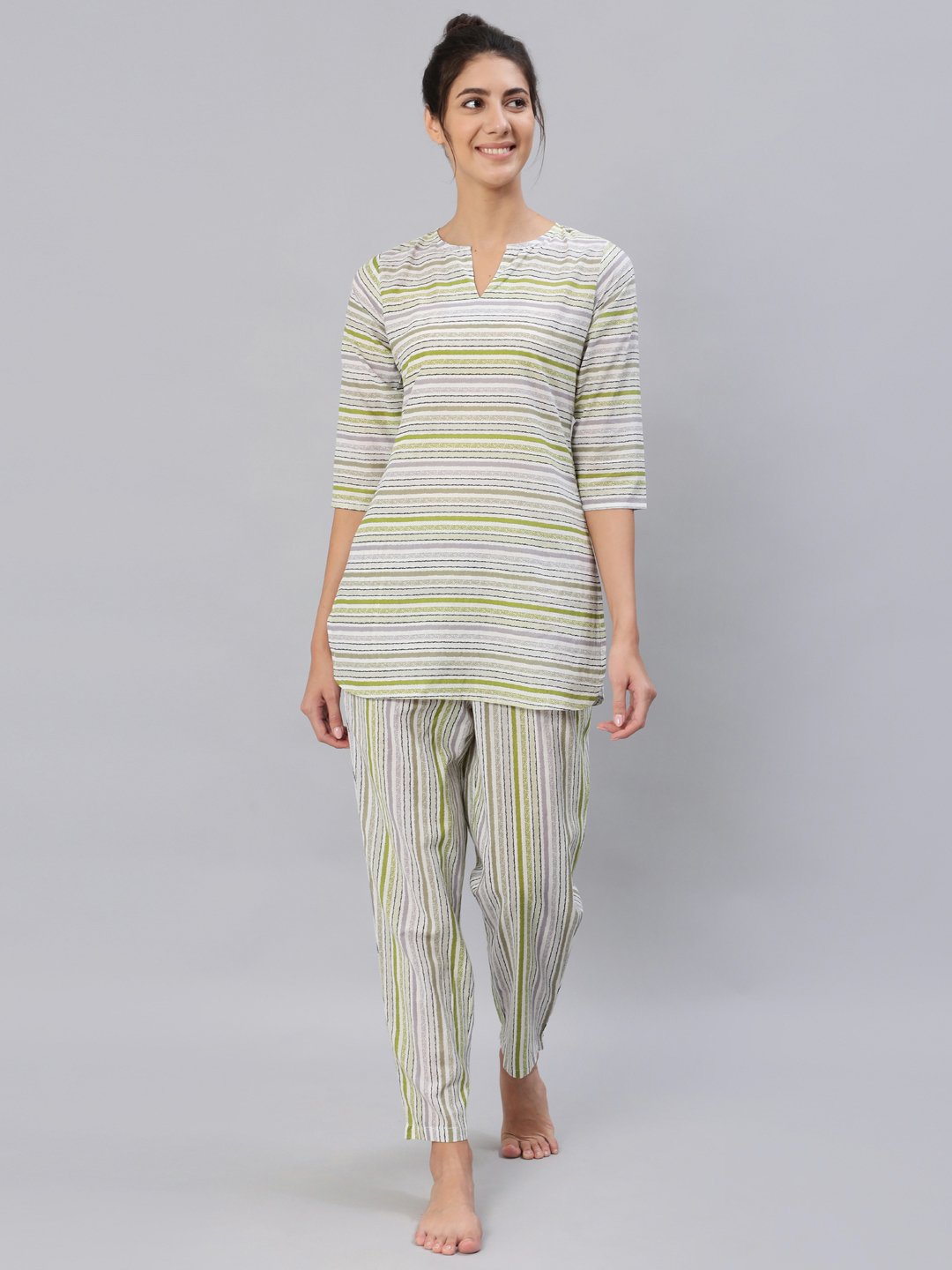 Women Green & Grey Striped Night Suit Set | LASVINI - Redefining Indian Fashion with Elegance