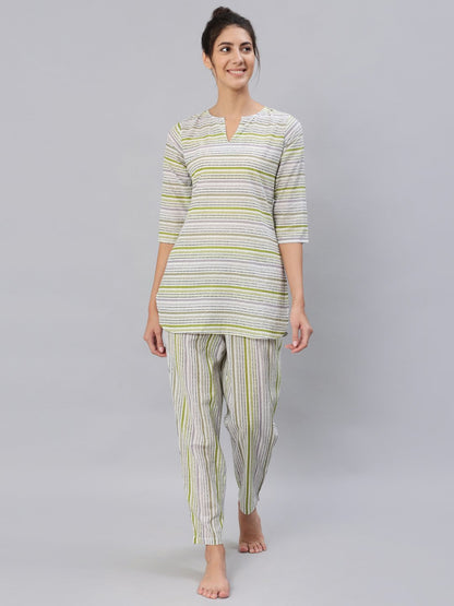 Women Green & Grey Striped Night Suit Set | LASVINI - Redefining Indian Fashion with Elegance