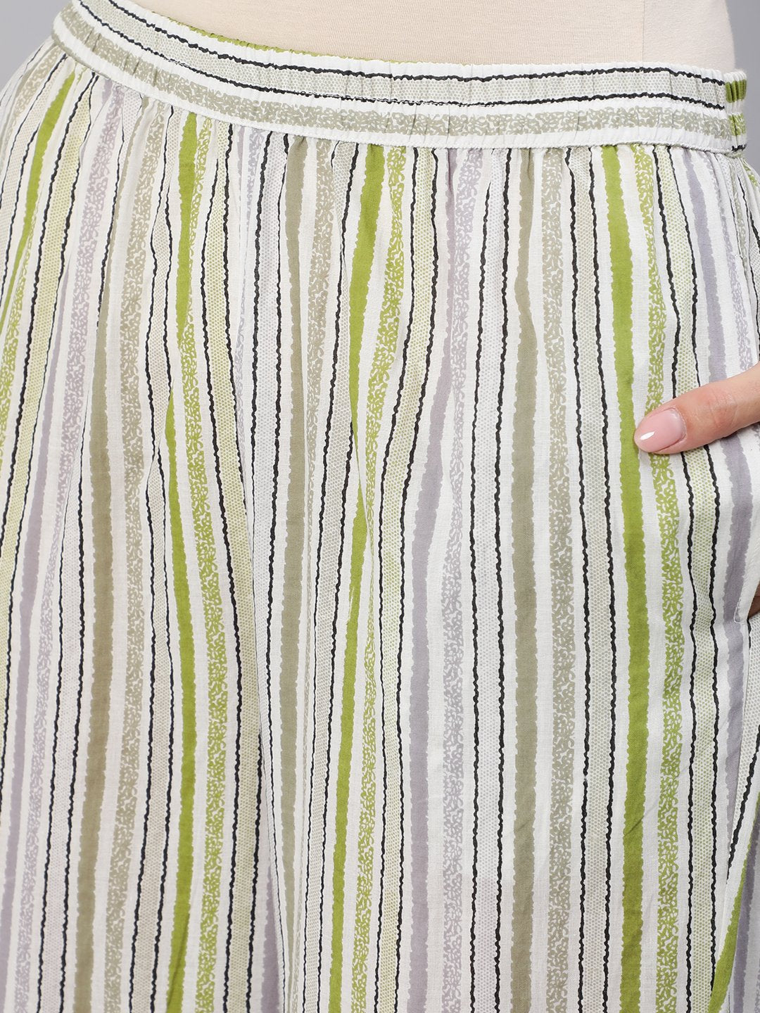 Women Green & Grey Striped Night Suit Set | LASVINI - Redefining Indian Fashion with Elegance