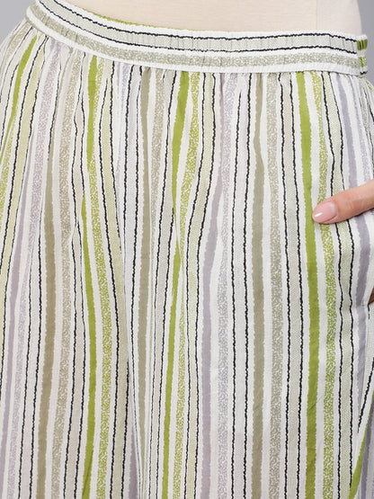 Women Green & Grey Striped Night Suit Set | LASVINI - Redefining Indian Fashion with Elegance