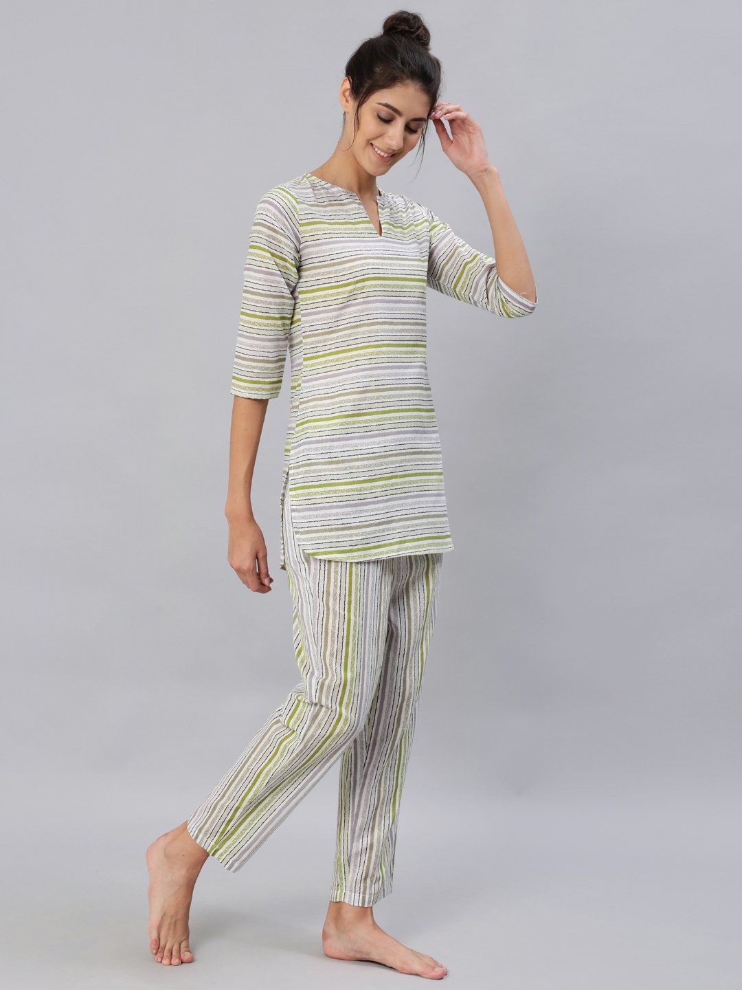 Women Green & Grey Striped Night Suit Set | LASVINI - Redefining Indian Fashion with Elegance