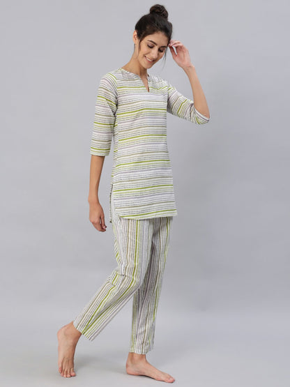 Women Green & Grey Striped Night Suit Set | LASVINI - Redefining Indian Fashion with Elegance