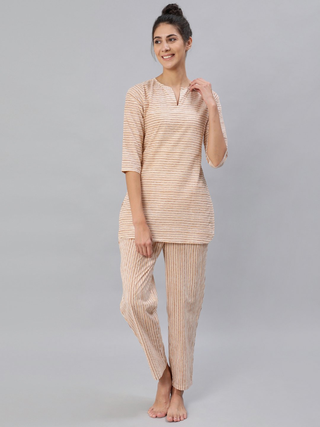 Women Mustard & Off-White Striped Night Suit Set | LASVINI - Redefining Indian Fashion with Elegance