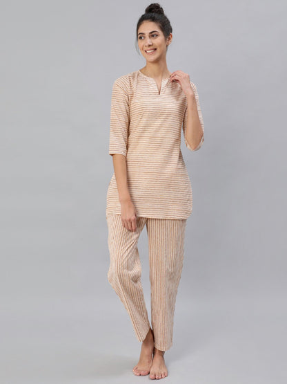 Women Mustard & Off-White Striped Night Suit Set | LASVINI - Redefining Indian Fashion with Elegance