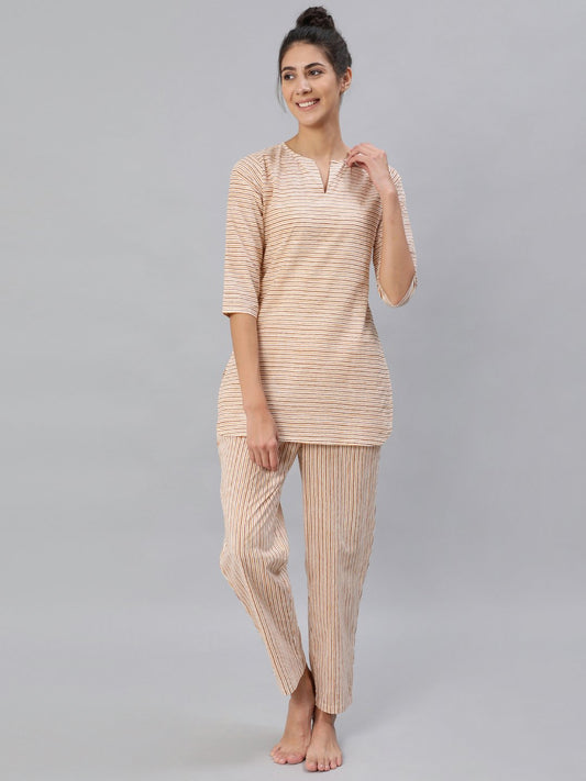 Women Mustard & Off-White Striped Night Suit Set | LASVINI - Redefining Indian Fashion with Elegance
