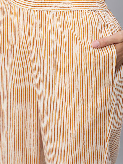 Women Mustard & Off-White Striped Night Suit Set | LASVINI - Redefining Indian Fashion with Elegance