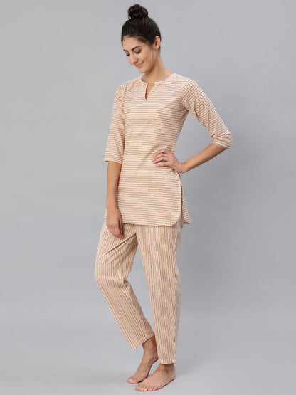 Women Mustard & Off-White Striped Night Suit Set | LASVINI - Redefining Indian Fashion with Elegance