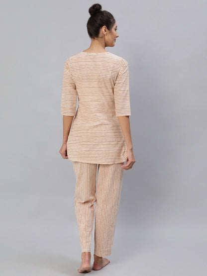 Women Mustard & Off-White Striped Night Suit Set | LASVINI - Redefining Indian Fashion with Elegance